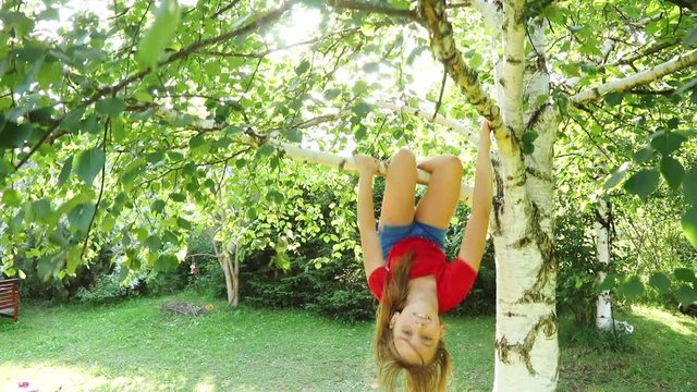 Happy little girl hanging from a tree playing in a sunny backyard summer fun concept_9784
