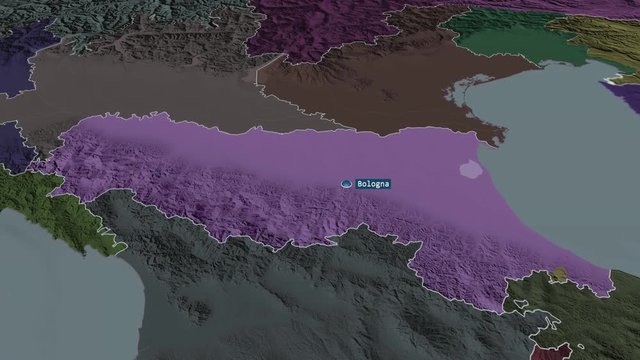 Emilia Romagna - region of Italy with its capital zoomed on the administrative map of the globe. Animation 3D