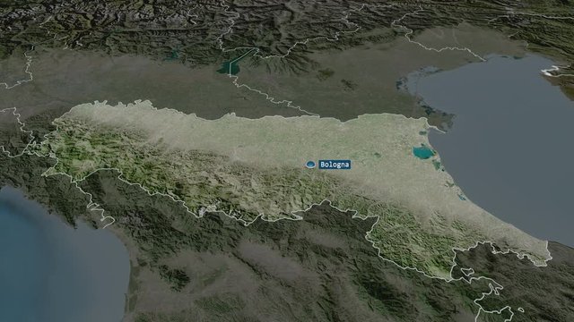 Emilia Romagna - region of Italy with its capital zoomed on the satellite map of the globe. Animation 3D