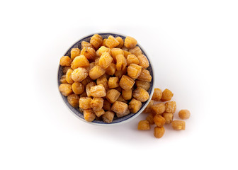 dried small scallops in ceramic bowl