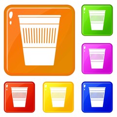 Plastic office waste bin icons set collection vector 6 color isolated on white background