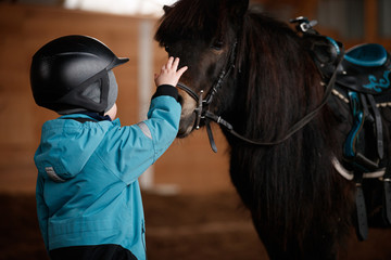 Closeup of a kid stroking a horse. The boy is preparing to learn pony riding in the cold season....