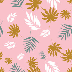 Fototapeta na wymiar Vector soft pastel tropical leaves seamless pattern repeat.
