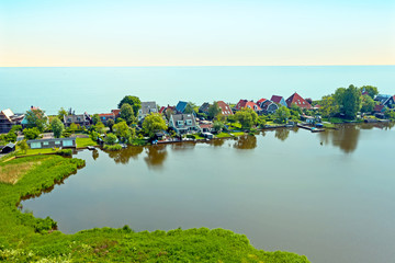 Aerial from the traditional village Uitdam at the IJsselmeer in the Netherlands