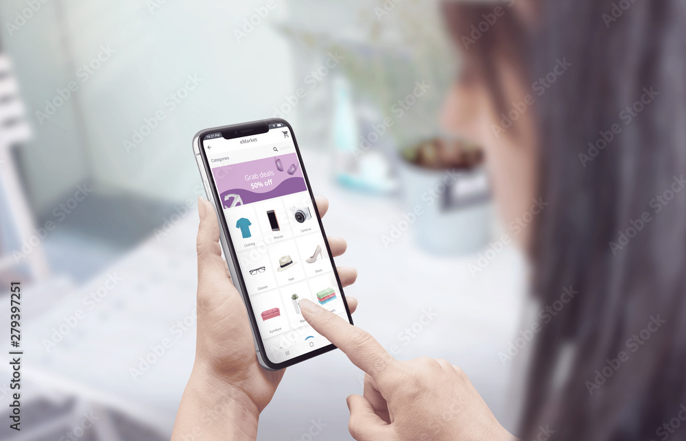 Poster shopping online with a smartphone. modern flat design web site or app concept. the girl chooses prod