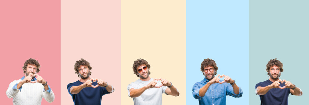 Collage of young casual man over colorful stripes isolated background smiling in love showing heart symbol and shape with hands. Romantic concept. © Krakenimages.com
