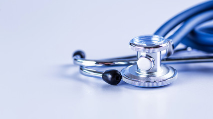 Medical concept image. Stethoscope on white background close up.A lot copy space around the...