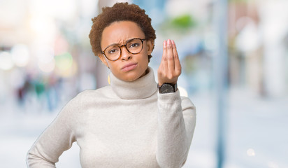 Young beautiful african american woman wearing glasses over isolated background Doing Italian...
