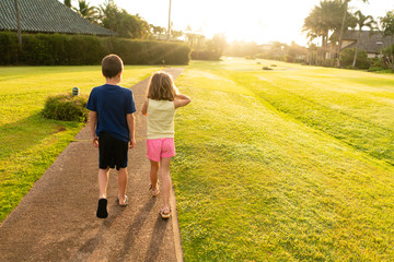 Rear view of boy and girl walking on path through lawn