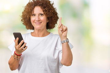 Middle ager senior woman using and texting with smartphone over isolated background surprised with an idea or question pointing finger with happy face, number one