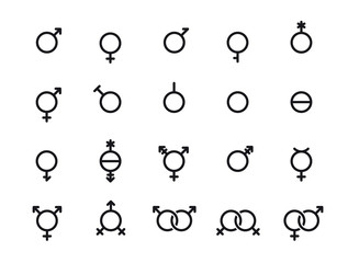 Fototapeta na wymiar Set of gender symbols. Sexual orientation signs. Male, female, transgender, bigender, travesti, genderqueer, androgyne and more.