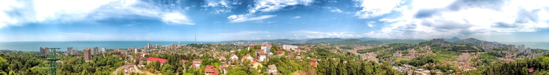 sochi city russia mountain town black sea tropical resort aerial 360 degrees panorama landscape view of ocean water hilly cityscape and clouds sky cityscape nature background ultra wide wallpaper