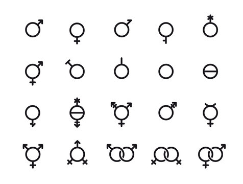 Set of gender symbols. Sexual orientation signs. Male, female, transgender, bigender, travesti, genderqueer, androgyne and more.