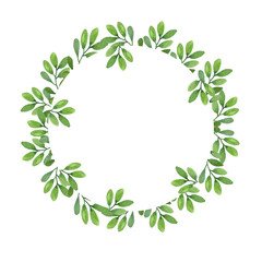 Obraz premium Watercolor wreath design with green plants isolated on white background. Hand drawn card with branches, leaves. Design invitations, banners, greeting cards, event projects, posters.