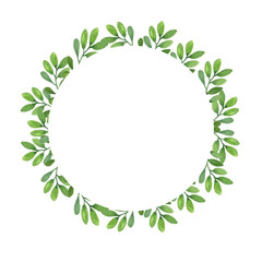 Watercolor wreath design with green plants isolated on white background. Hand drawn card with branches, leaves. Design invitations, banners, greeting cards, event projects, posters.