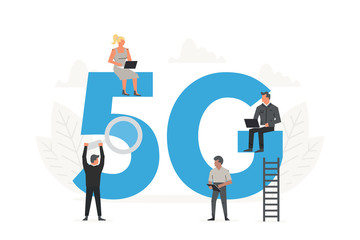 5G network wireless concept. Office people sitting and standing around the big letters 5G.