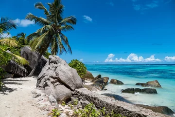 Crédence de cuisine en verre imprimé Anse Source D'Agent, île de La Digue, Seychelles seychelles la digue anse source d& 39 argent plage de rêve