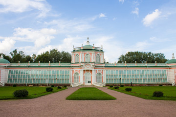 Beautiful historical building of architectural and Park ensemble in Kuskovo manor on summer day Moscow Russia