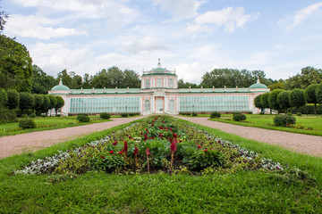 Beautiful historical building of architectural and Park ensemble in Kuskovo manor on summer day...