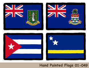 手描きの旗アイコン,ヴァージン諸島の旗,ケイマン諸島の旗,キューバの国旗,キュラソーの旗　Flag of the British Virgin Islands, Cayman Islands, Cuba, Curacao, hand drawn isolated vector icon.