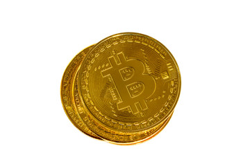 Bitcoins and New Virtual money concept.Gold bitcoins with Candle stick graph chart and digital background.Golden coin with icon letter B.Mining or blockchain technology