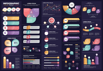 Infographic Tools Template set with dark background. Colorful Infographic templates. Infographic Bundle