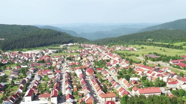 Croatia, town of Delnice, mountain landscape, panoramic view of town center from drone in summer 