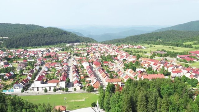 Croatia, town of Delnice, mountain landscape, panoramic view of town center from drone in summer
