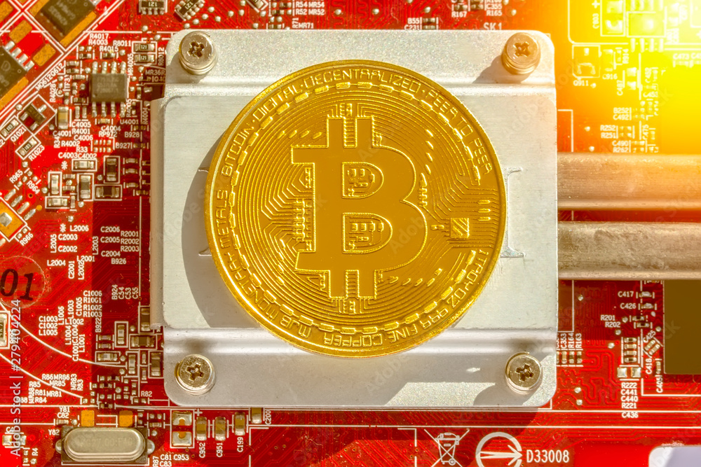 Poster bitcoins and new virtual money concept.gold bitcoins with candle stick graph chart and digital backg