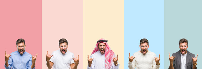 Collage of handsome young man over colorful stripes isolated background shouting with crazy expression doing rock symbol with hands up. Music star. Heavy concept.