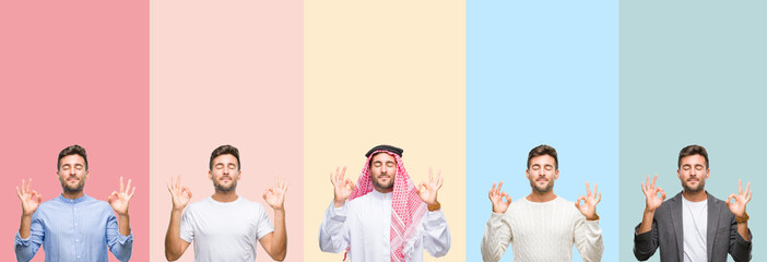 Collage of handsome young man over colorful stripes isolated background relax and smiling with eyes closed doing meditation gesture with fingers. Yoga concept.
