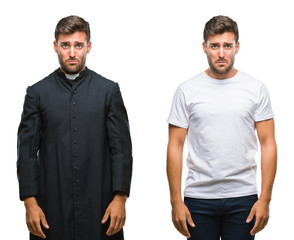 Collage of handsome young man and catholic priest over isolated background depressed and worry for distress, crying angry and afraid. Sad expression.