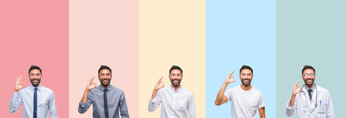 Collage of handsome man over colorful stripes isolated background smiling positive doing ok sign with hand and fingers. Successful expression.