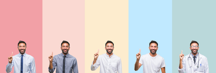 Collage of handsome man over colorful stripes isolated background showing and pointing up with finger number one while smiling confident and happy.