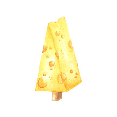 Watercolor drawing piece of triangular yellow cheese. Mouse favorite food. Cheese Christmas tree. Illustration on white background