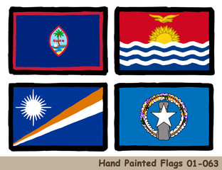 手描きの旗アイコン,グアムの旗,キリバスの国旗,マーシャル諸島の国旗,マリアナ諸島の旗　Flag of the Guam, Kiribati, Marshall Islands, Mariana Islands, hand drawn isolated vector icon.