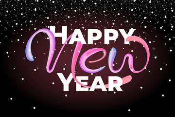 Happy New Year lettering on black background with snow. Colorful hand drawn brushstroke oil or acrylic paint design greeting card. Vector illustration