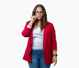 Beautiful plus size young business woman wearing elegant jacket and glasses over isolated...