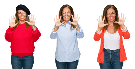 Obraz premium Collage of beautiful middle age woman over white isolated background showing and pointing up with fingers number ten while smiling confident and happy.