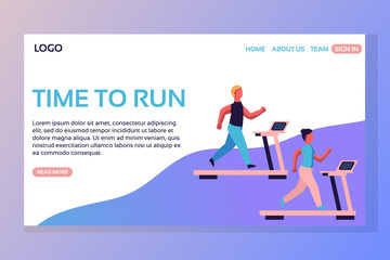 Sport landing page set. Woman and man running on treadmill web page. Time to run. Flat vector illustration.