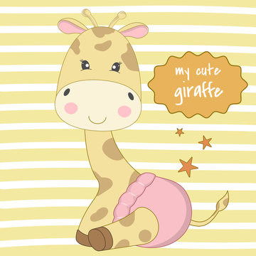 Adorable cute baby Giraffe in a pink diaper smiling.