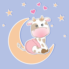Adorable cartoon baby Cow in a pink diaper sitting moon and smiling.