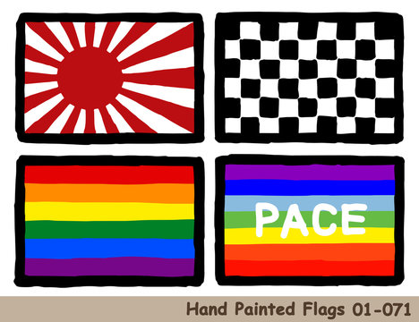 手描きの旗アイコン 旭日旗 チェッカーフラッグ レインボーフラッグ 平和の旗 Flag Of The Rising Sun Flag Checkered Flag Rainbow Flag Peace Flag Hand Drawn Isolated Vector Icon Stock Vector Adobe Stock