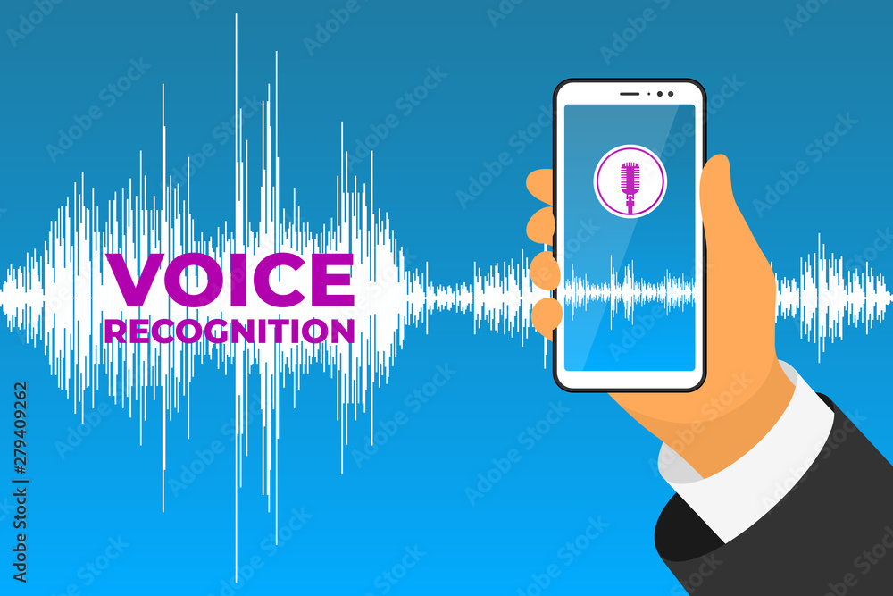Poster personal assistant and voice recognition mobile app. hand holds smartphone with microphone button on