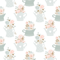 Flowers in watering can vintage colors seamless vector pattern.
