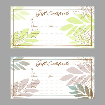Gift Voucher Certificate Template With Simple Leaves Vector.