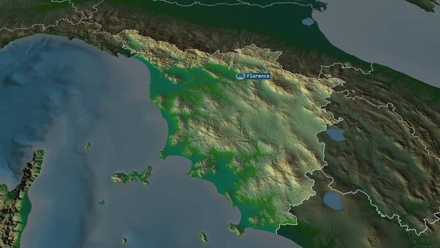 Toscana - region of Italy with its capital zoomed on the physical map of the globe. Animation 3D