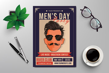 international men's day party flyer template, retro design