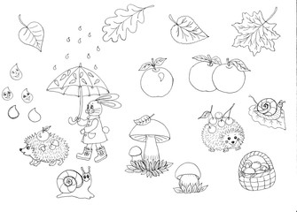forest animals, autumn walk in the rain, the bunny, rabbit goes under an umbrella, hedgehogs collect mushrooms, apples. Raindrops drip cheerfully, snails rejoice in the rain. Leaves are falling, in th