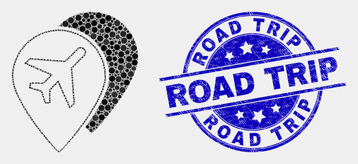 Dot airport map markers mosaic icon and Road Trip seal. Blue vector round textured stamp with Road Trip title. Vector composition in flat style.